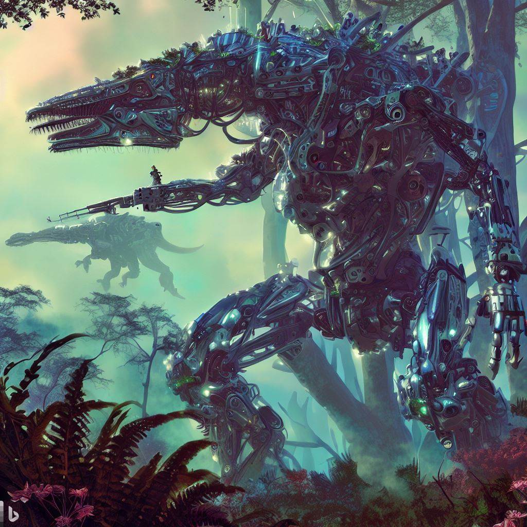 future mech dinosaur with guns fighting in tall forest, wildlife in foreground, surreal clouds, bloom, glass body, h.r. giger style 5.jpg